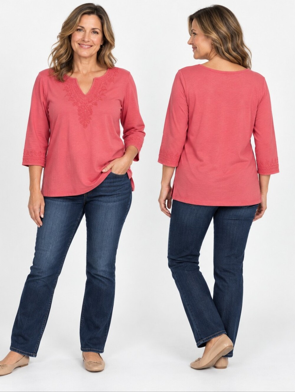 G.H. Bass XL Coral Embroidered Top Boho Casual Coastal Casual Romantic
